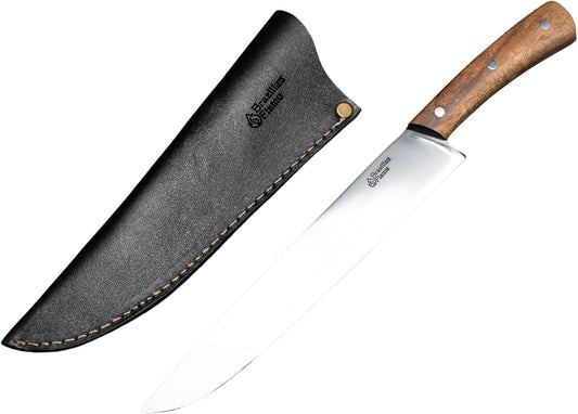 Brazilian Flame Chef Barbecue Full Tang 10” Full Tang STAINLESS STEEL Steakhouse Knife – 420c Blade, Imbuia Wood Handle, Handcrafted Knife for BBQ and Kitchen (Stainless Steel Fine Point)