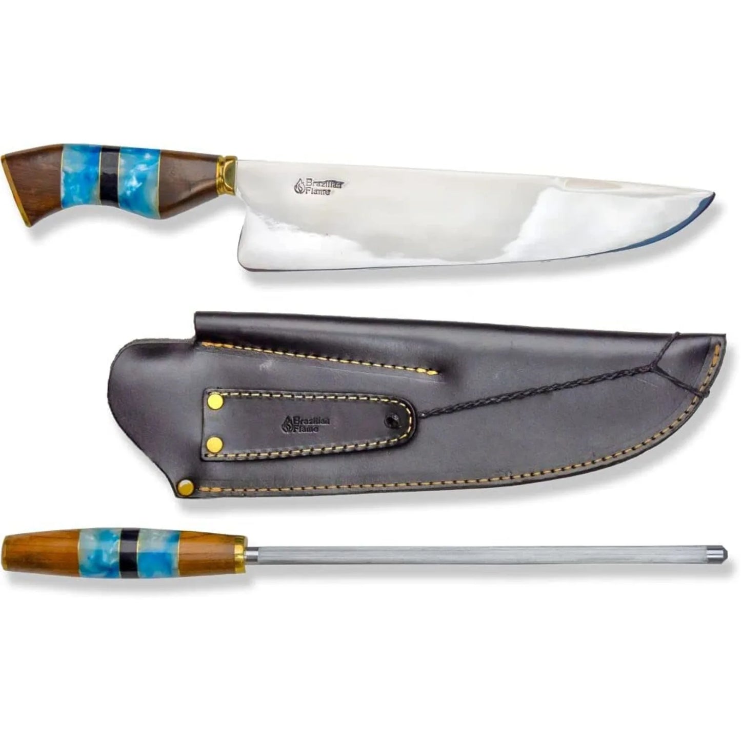 Conjunto de faca de picanha Flame Chef brasileiro com afiador