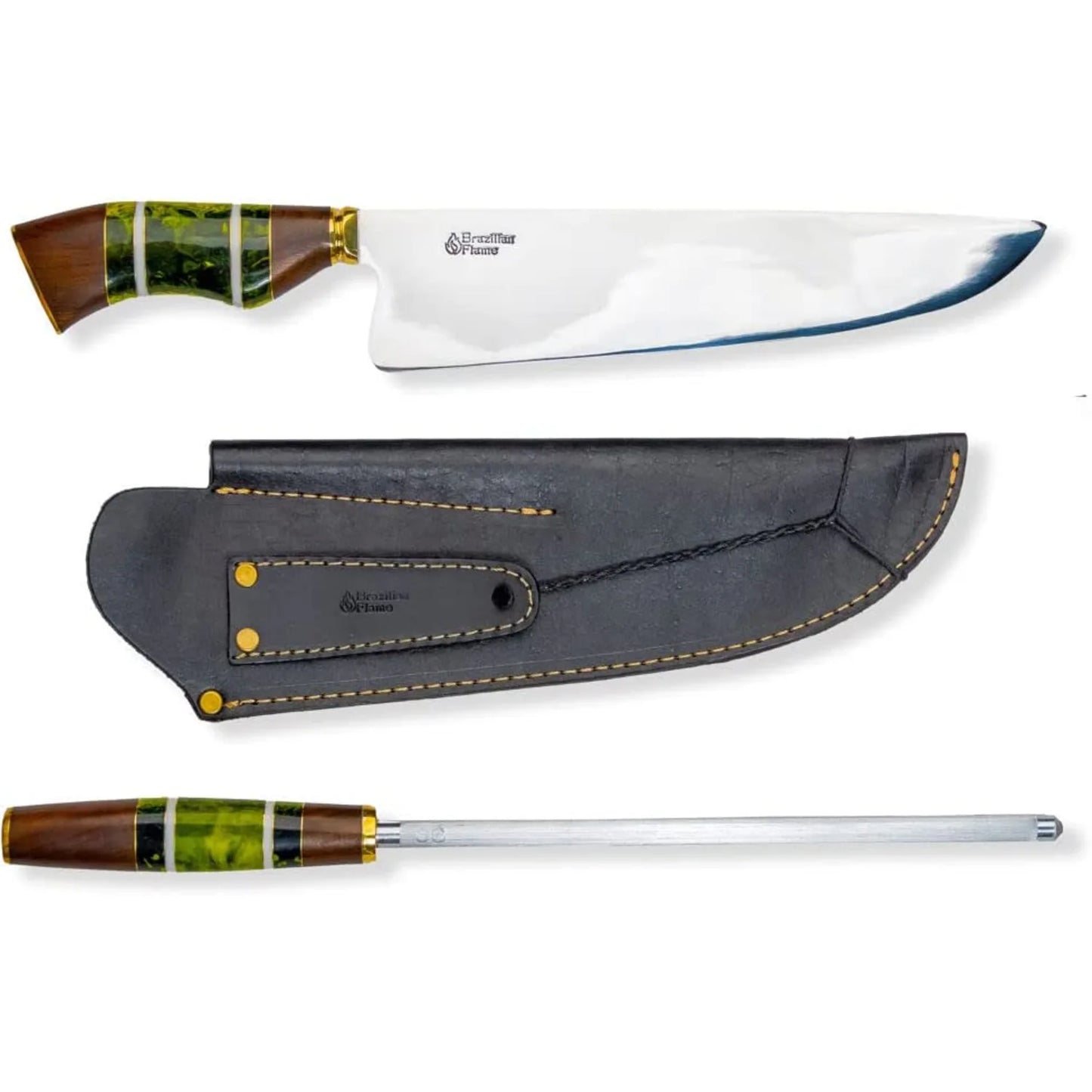 Conjunto de faca de picanha Flame Chef brasileiro com afiador