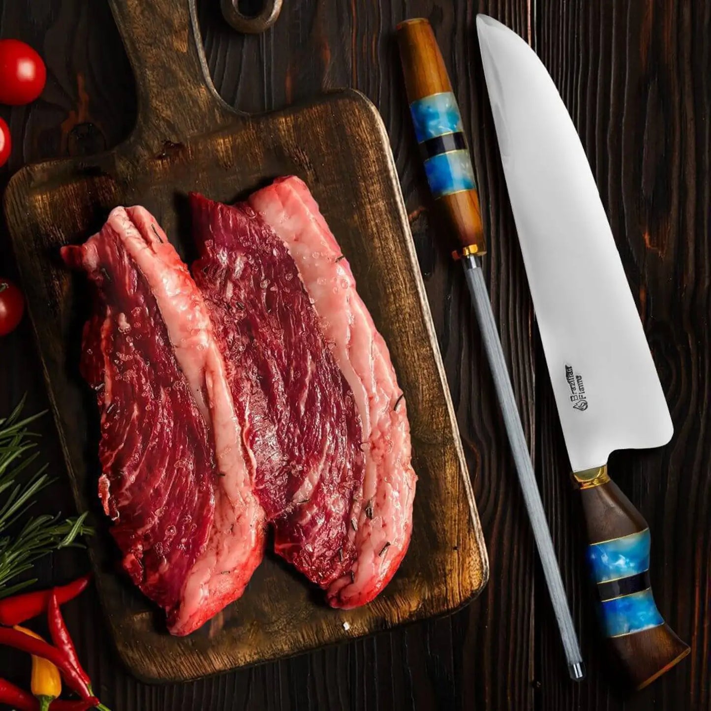 Conjunto de faca de picanha Flame Chef brasileiro com afiador