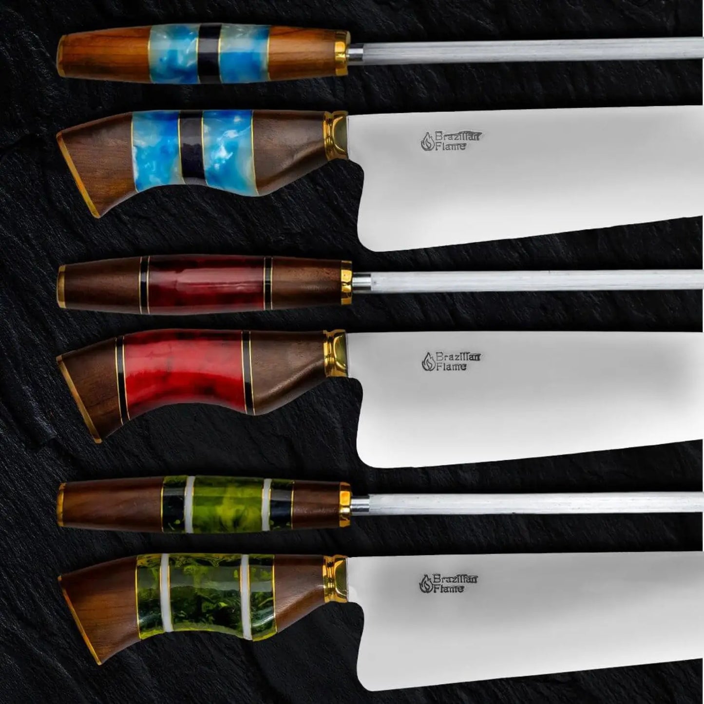 Conjunto de faca de picanha Flame Chef brasileiro com afiador