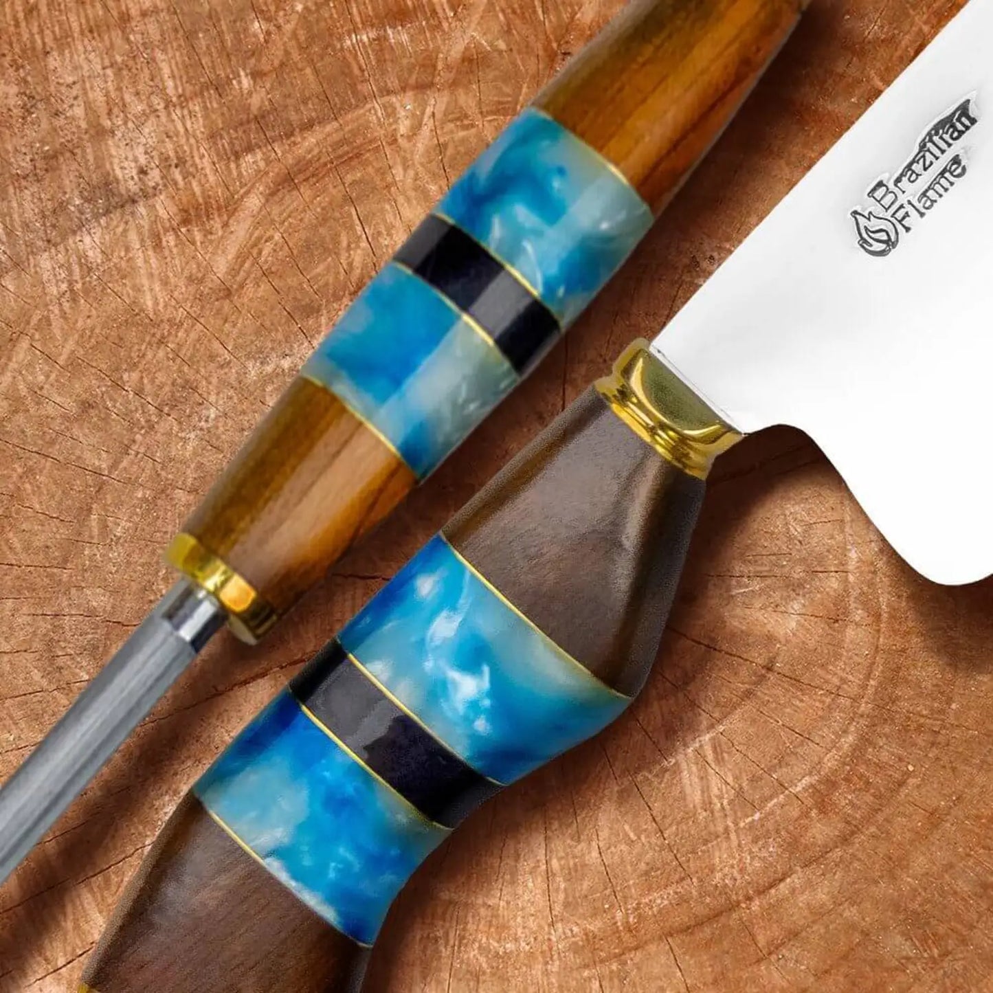 Conjunto de faca de picanha Flame Chef brasileiro com afiador