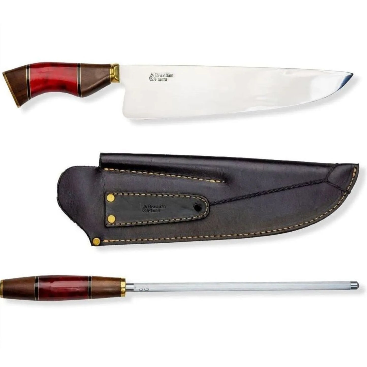 Conjunto de faca de picanha Flame Chef brasileiro com afiador