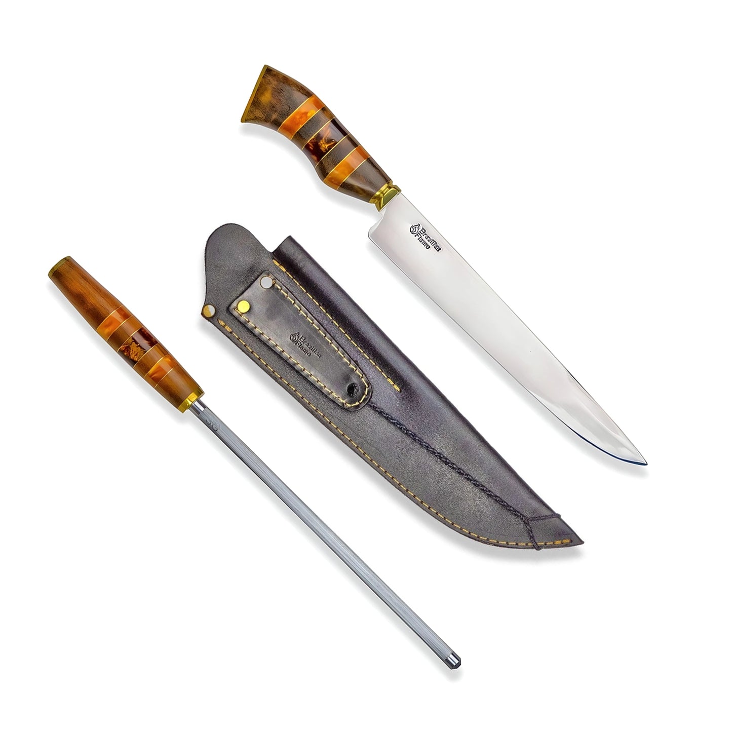 Conjunto de faca de costela brasileira Flame Chef com afiador