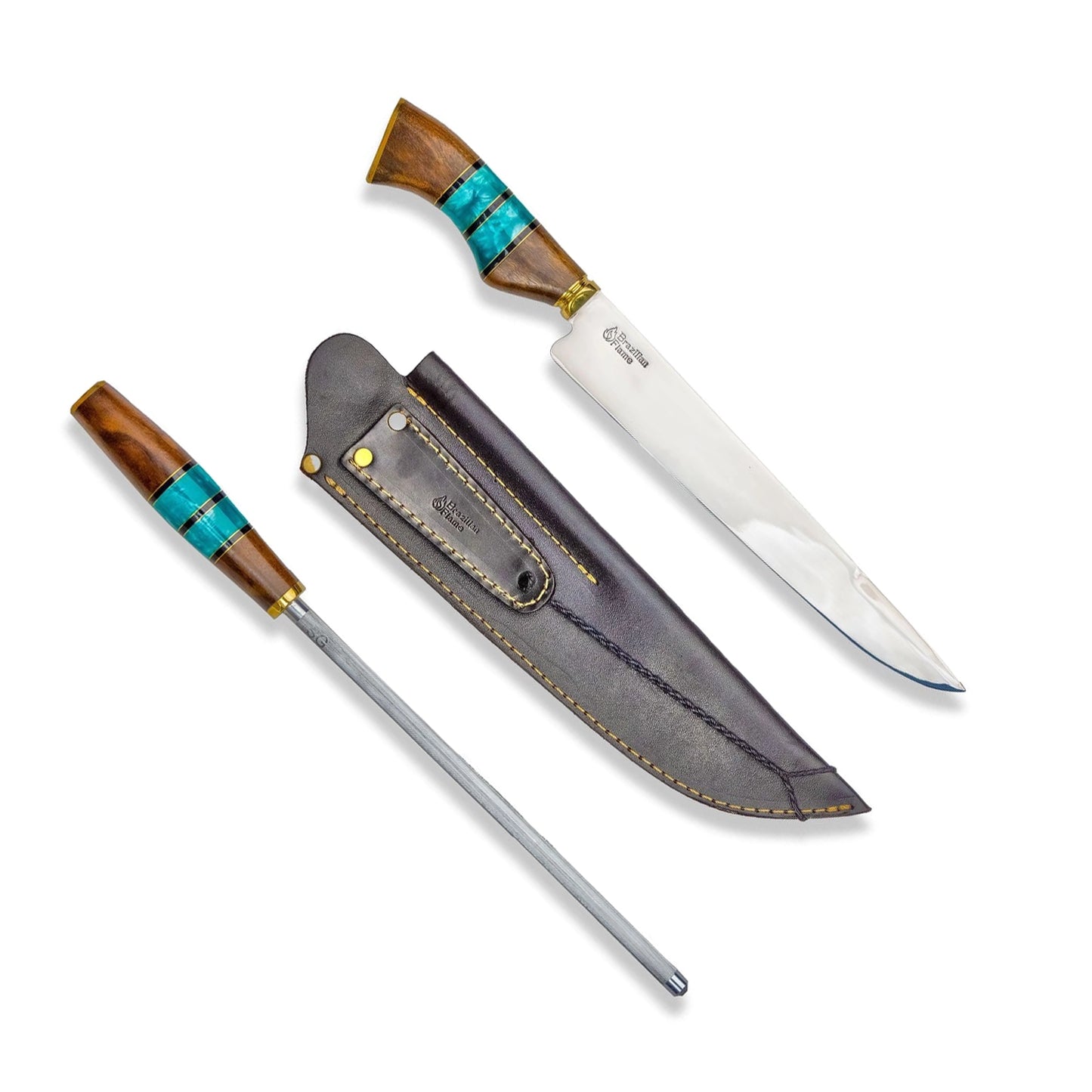 Conjunto de faca de costela brasileira Flame Chef com afiador
