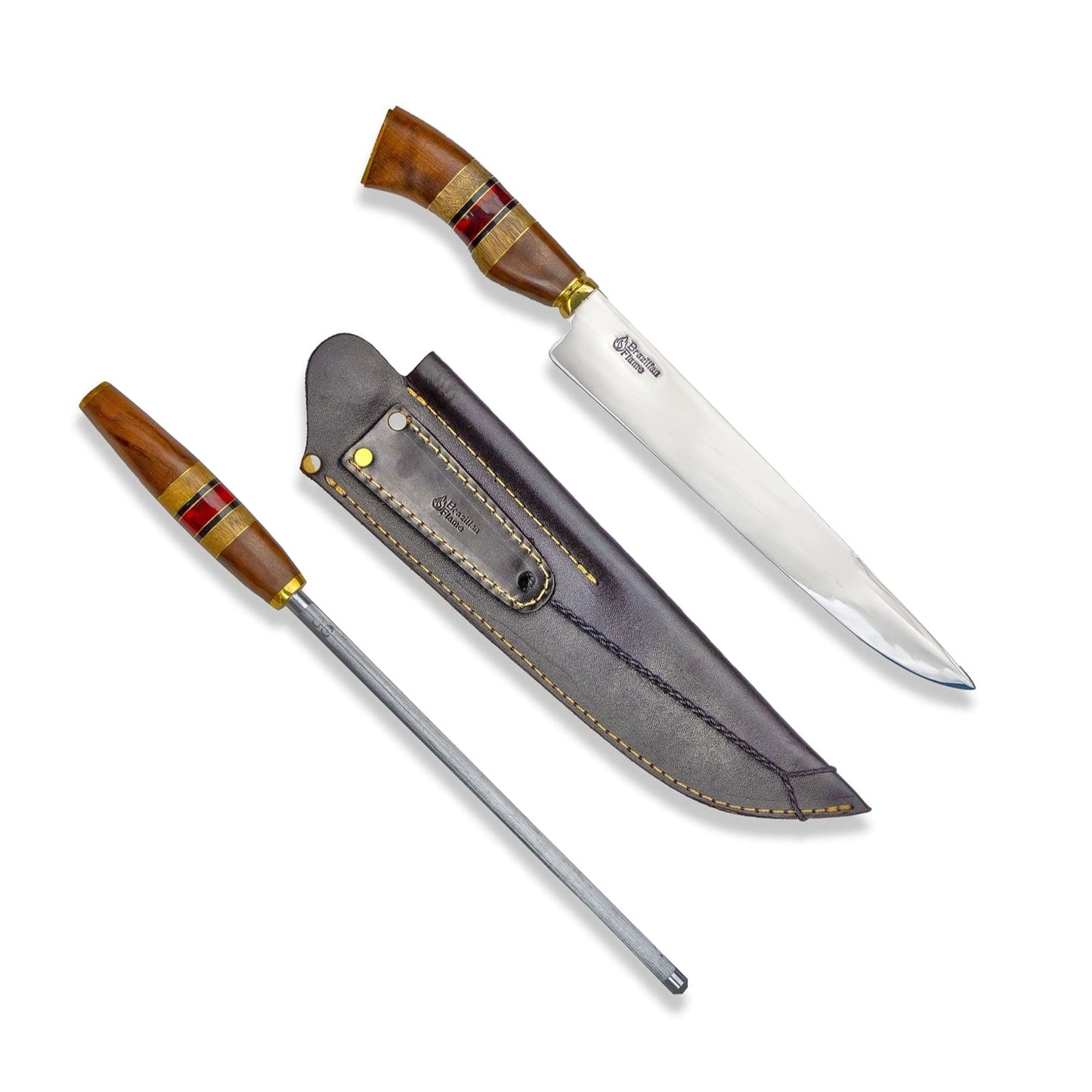 Conjunto de faca de costela brasileira Flame Chef com afiador