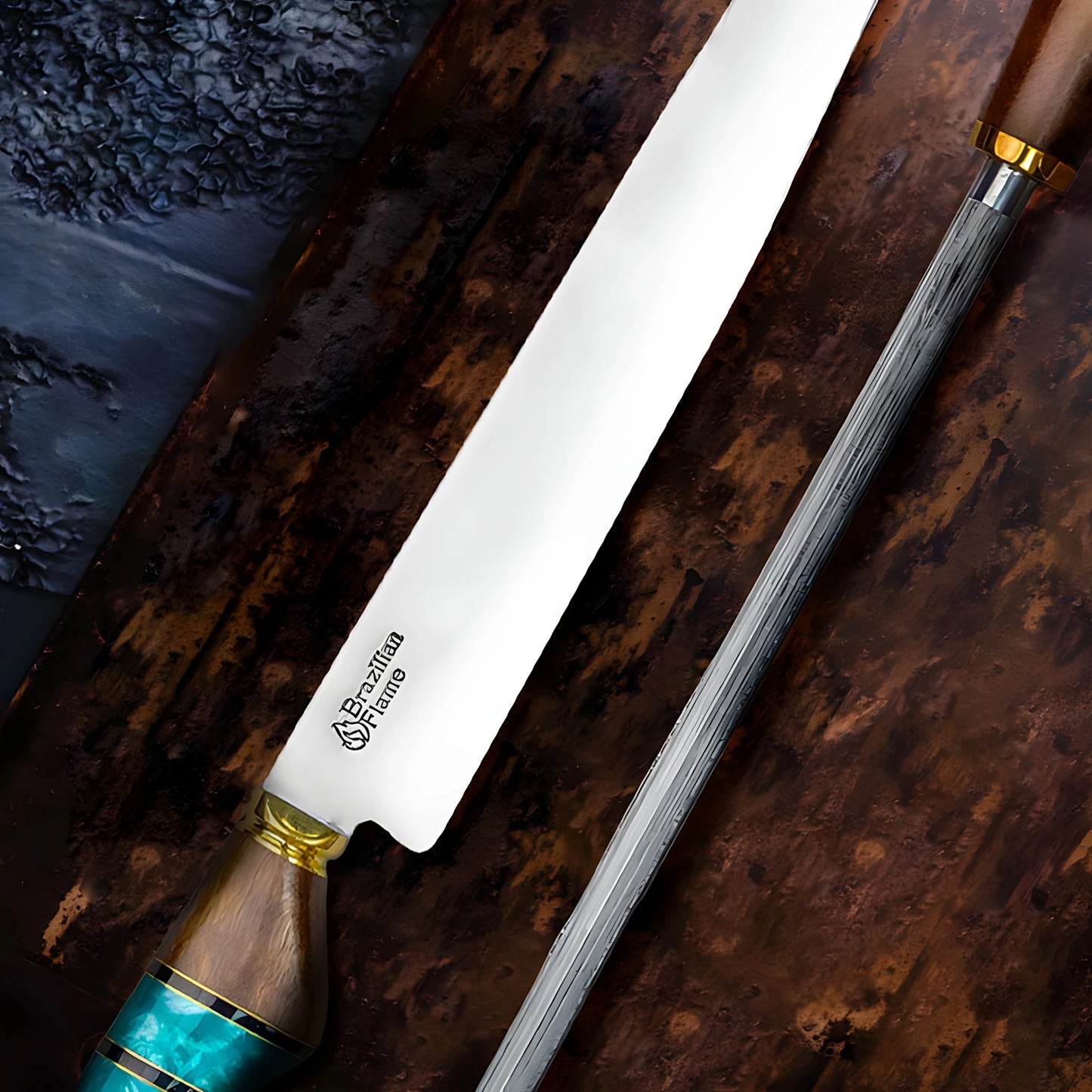 Conjunto de faca de costela brasileira Flame Chef com afiador