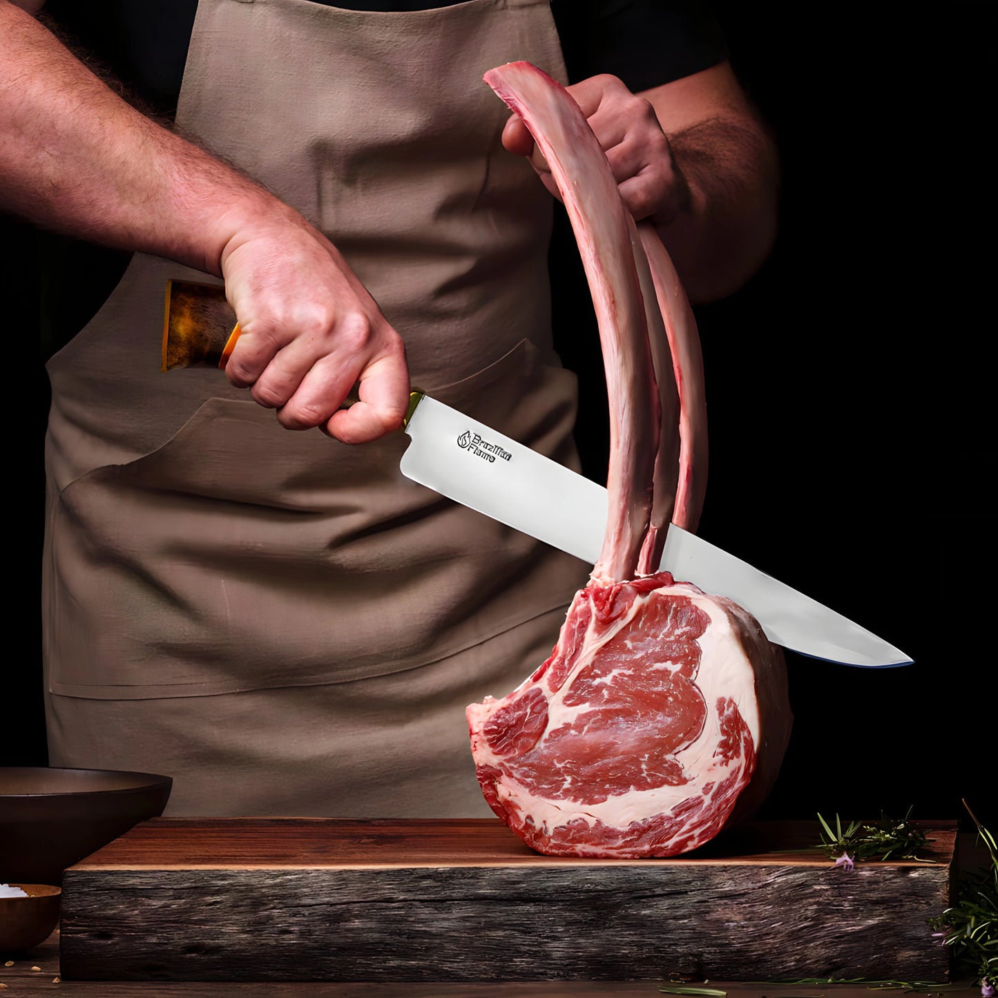 Conjunto de faca de costela brasileira Flame Chef com afiador