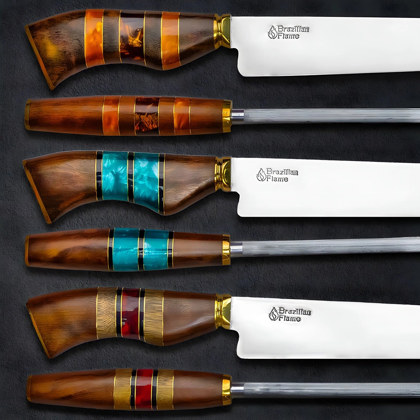 Conjunto de faca de costela brasileira Flame Chef com afiador