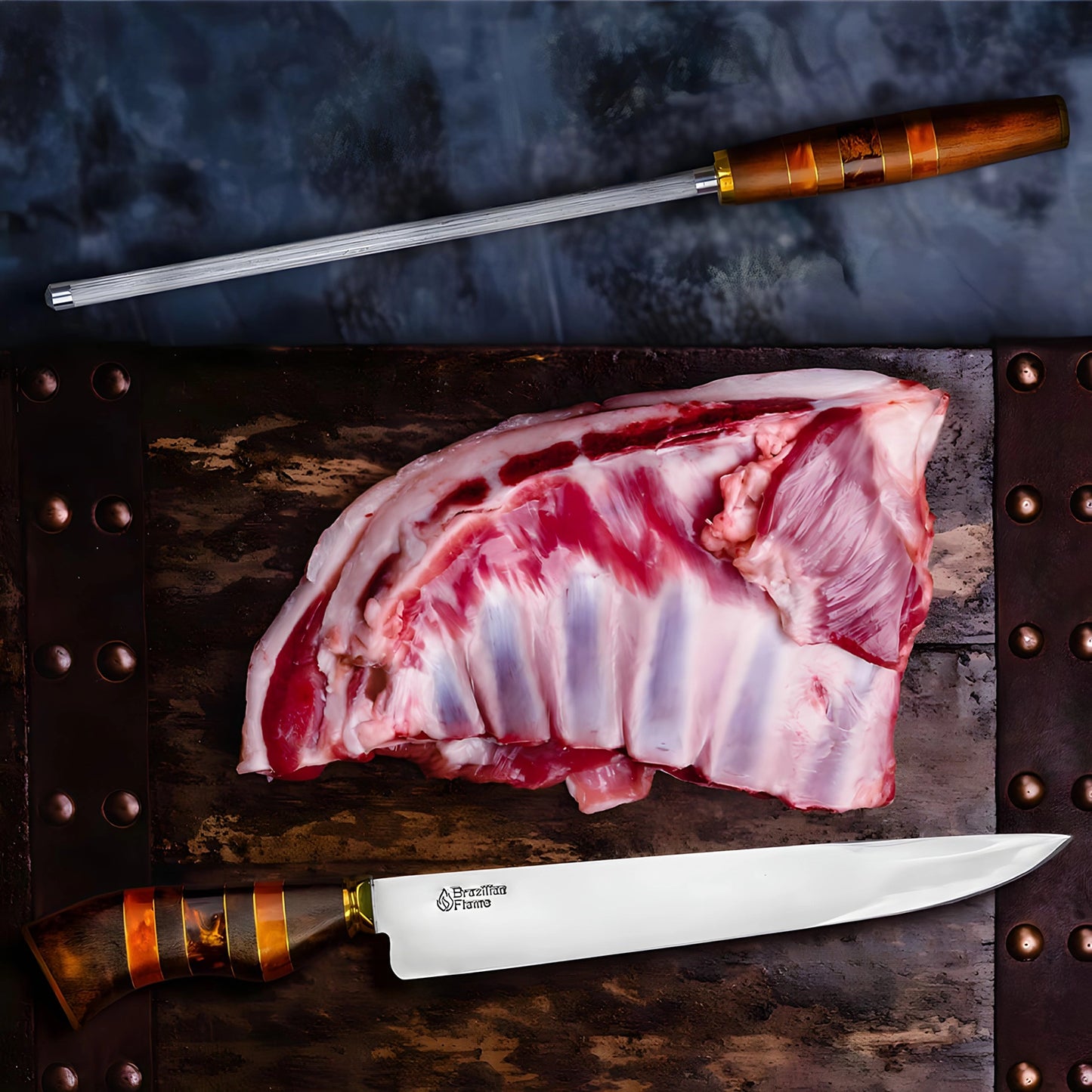 Conjunto de faca de costela brasileira Flame Chef com afiador