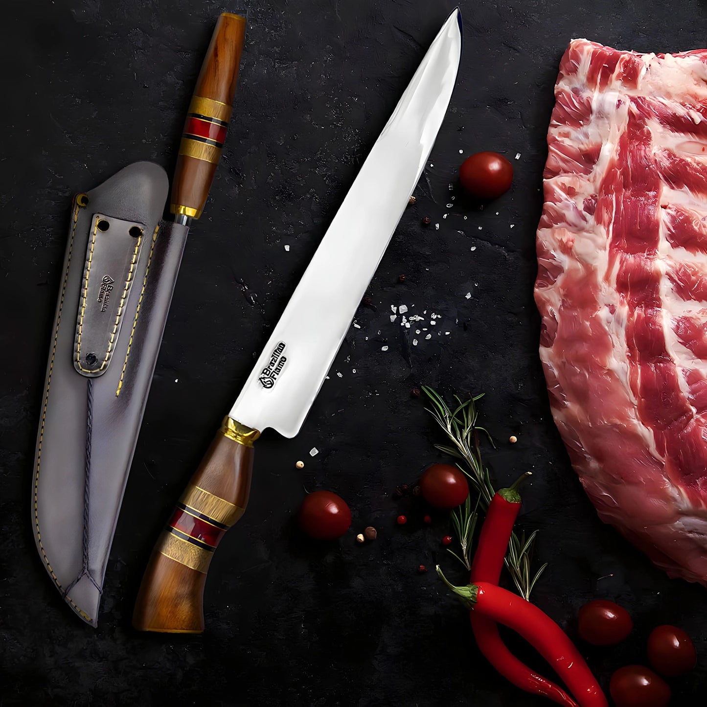 Conjunto de faca de costela brasileira Flame Chef com afiador