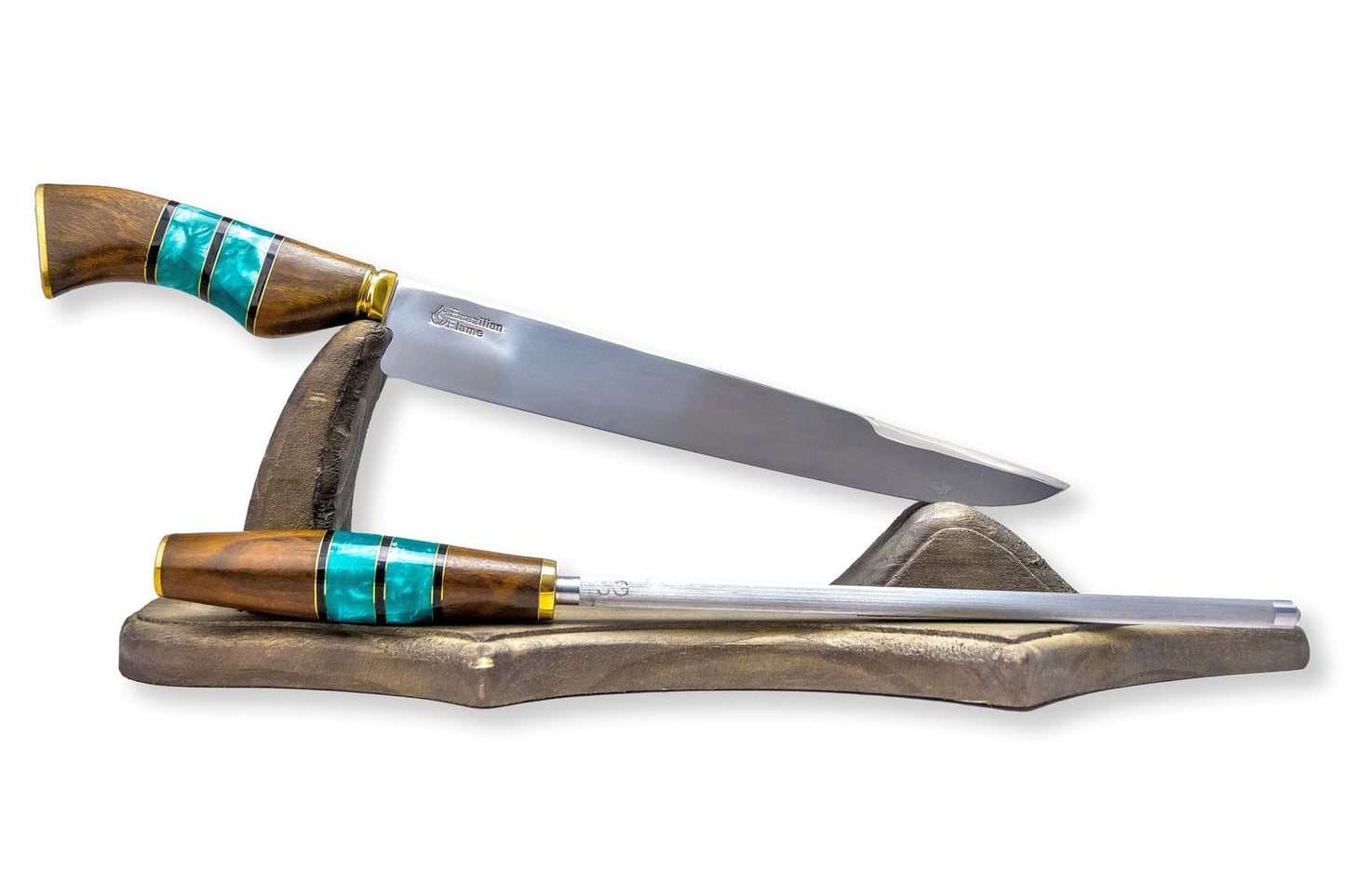 Conjunto de faca de costela brasileira Flame Chef com afiador