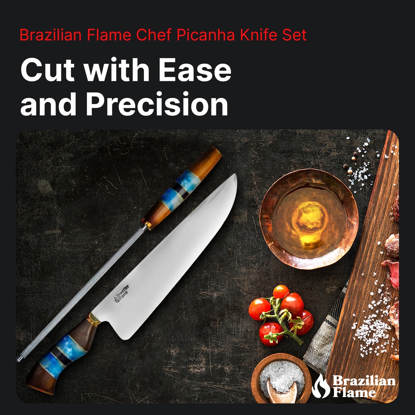Conjunto de faca de picanha Flame Chef brasileiro com afiador