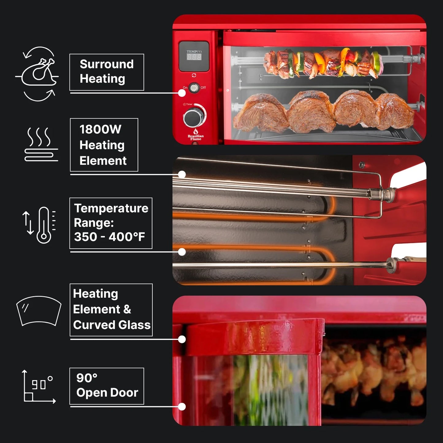 Brazilian Flame Rotisserie Electric Oven w/2-Skewers RED - Churrasco® Series