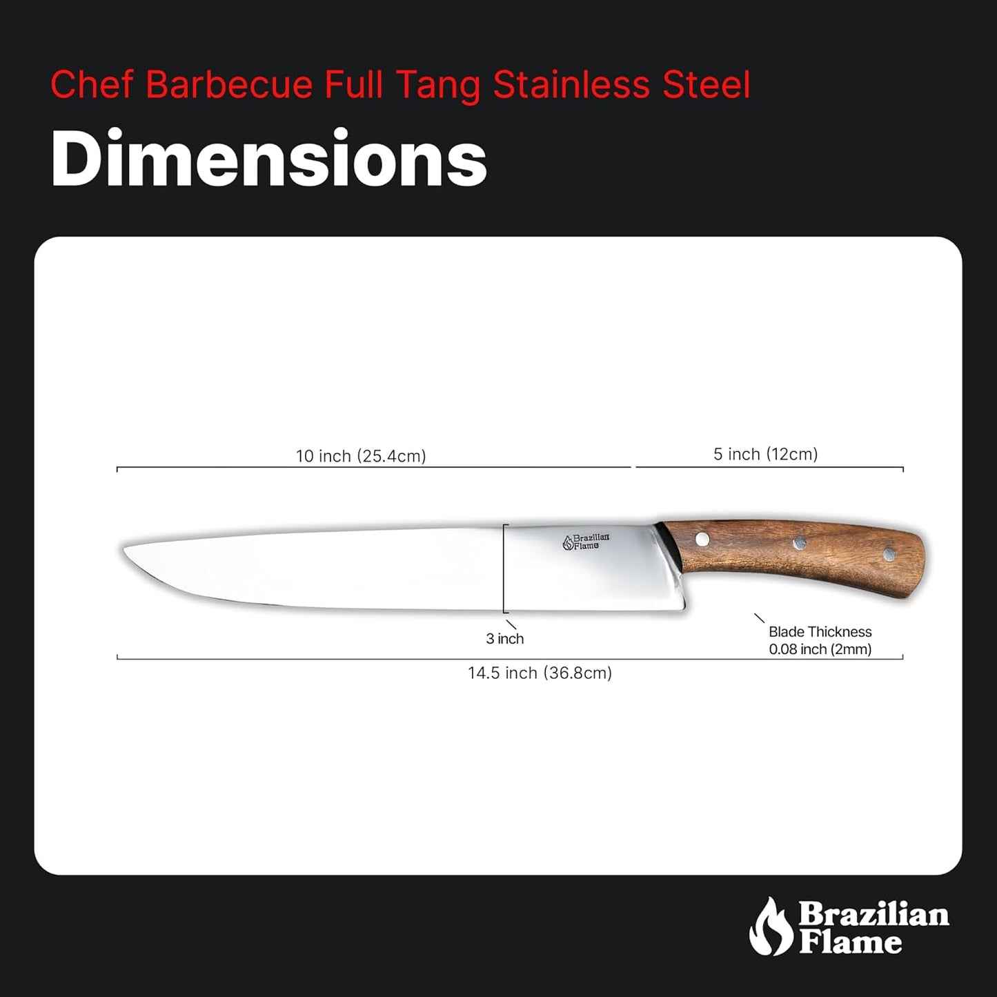 Brazilian Flame Chef Barbecue Full Tang 10” Full Tang STAINLESS STEEL Steakhouse Knife – 420c Blade, Imbuia Wood Handle, Handcrafted Knife for BBQ and Kitchen (Stainless Steel Fine Point)