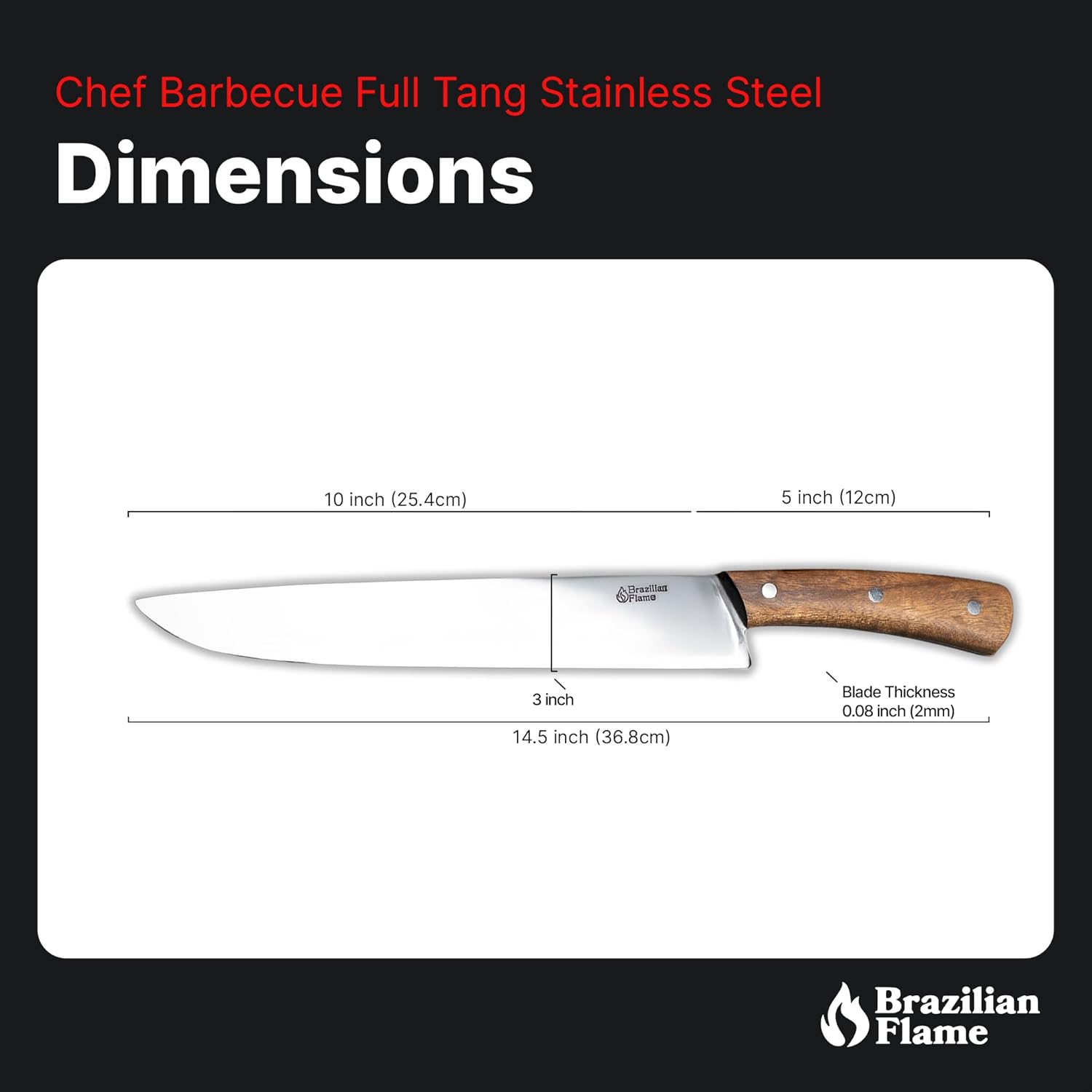 Brazilian Flame Chef Barbecue Full Tang 10” Full Tang STAINLESS STEEL Steakhouse Knife – 420c Blade, Imbuia Wood Handle, Handcrafted Knife for BBQ and Kitchen (Stainless Steel Fine Point)