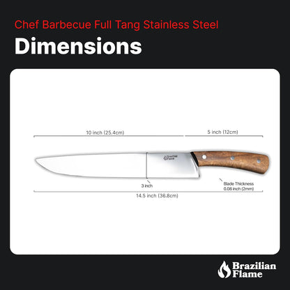 Brazilian Flame Chef Barbecue Full Tang 10” Full Tang STAINLESS STEEL Steakhouse Knife – 420c Blade, Imbuia Wood Handle, Handcrafted Knife for BBQ and Kitchen (Stainless Steel Fine Point)
