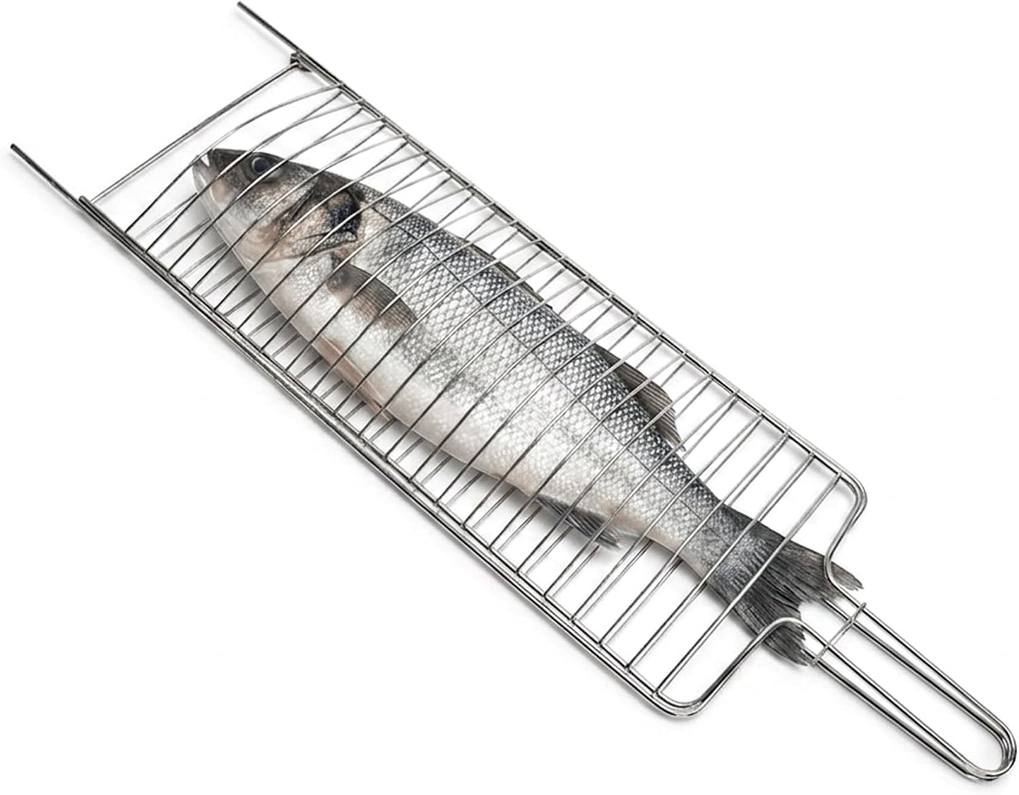 Brazilian Flame Curved Fish Grilling Basket Tray | Single-Handle Whole Fish Grill Basket | Chrome-Plated Steel Wire | Fits Gas, Charcoal, Kettle & Brick BBQ Grills | Easy-Turn Loop Handle