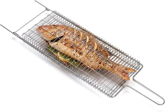 Brazilian Flame Stainless Steel Grill Basket — Non-Stick Fish & Steak Grilling Cage with Long Handle, Folding Double-Sided BBQ Basket for Whole Fish, Fillets & Meats | For Charcoal, Gas & Open Fire