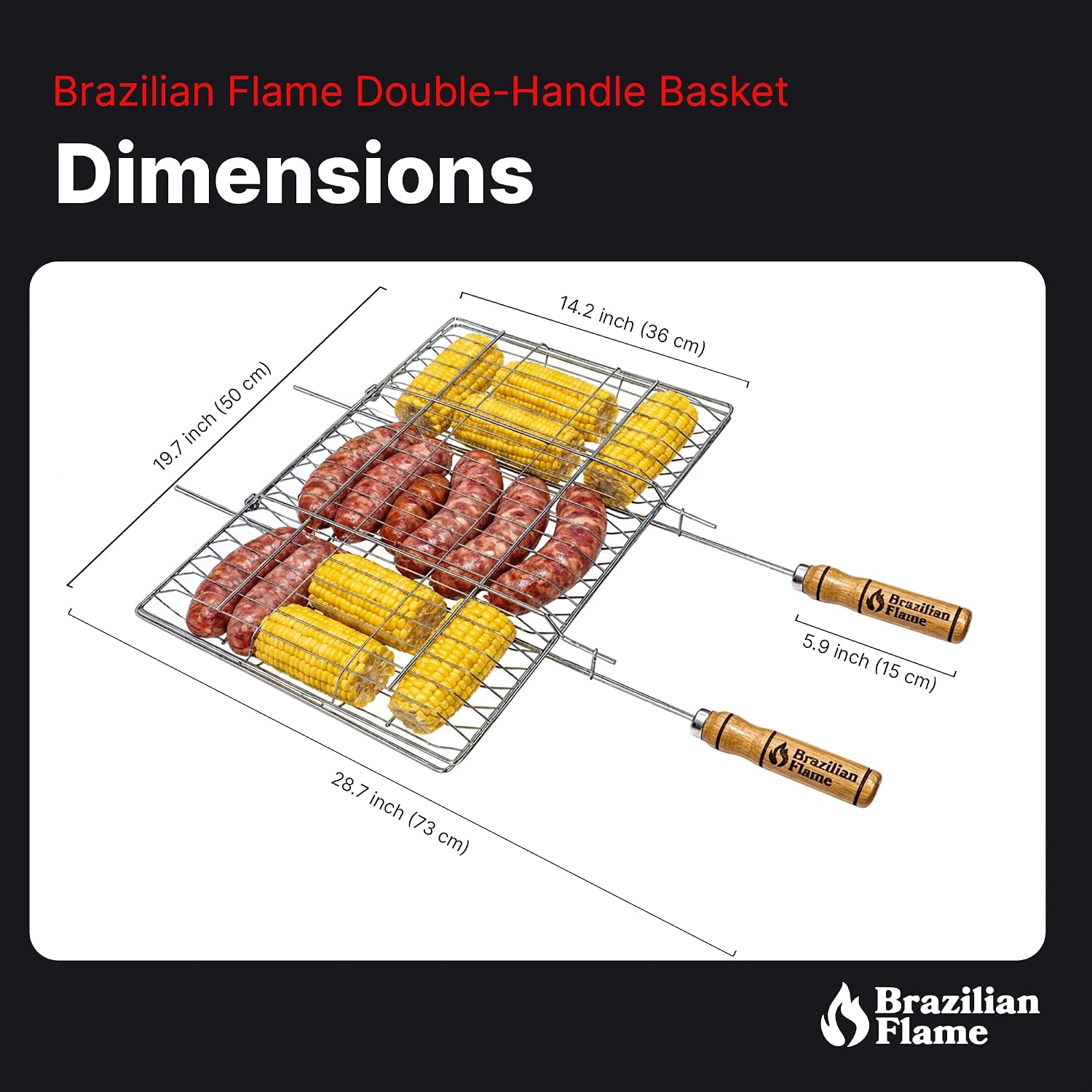 Brazilian Flame Folding BBQ Grill Basket | Chrome-Plated Steel Clamshell Grilling Basket for Vegetables, Meat, Skewers & Kebabs | Two-Sided Locking Design | Fits Gas, Charcoal & Open Fire Grills | Natural Wood Handles