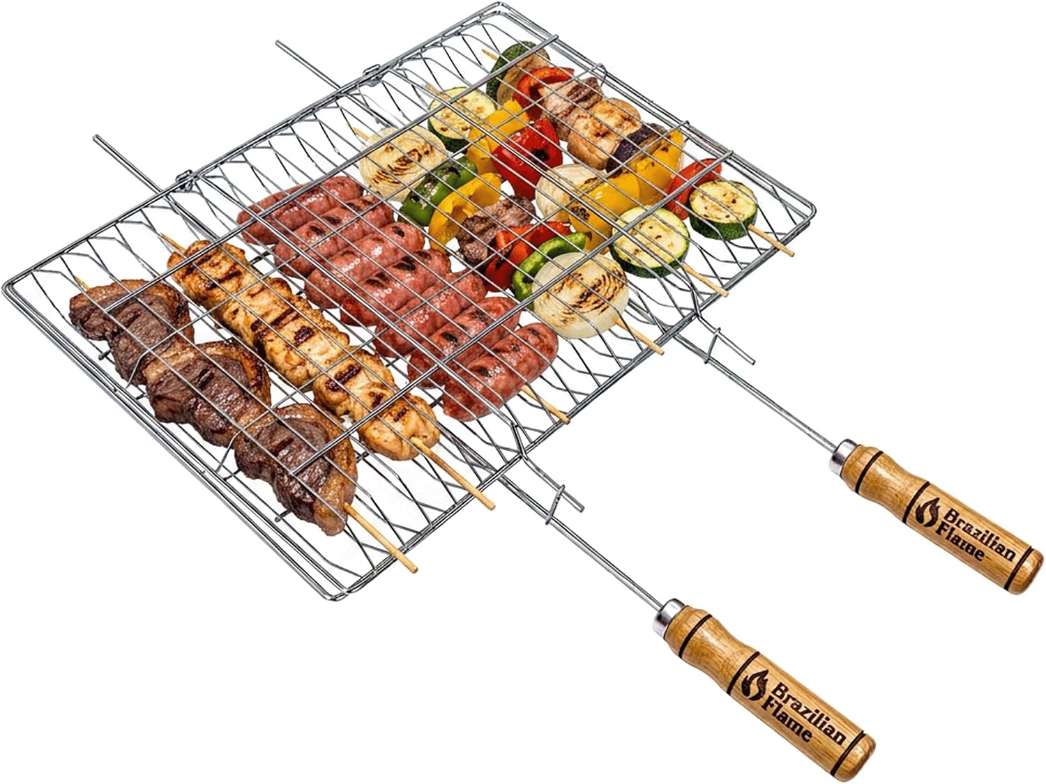 Brazilian Flame Folding BBQ Grill Basket | Chrome-Plated Steel Clamshell Grilling Basket for Vegetables, Meat, Skewers & Kebabs | Two-Sided Locking Design | Fits Gas, Charcoal & Open Fire Grills | Natural Wood Handles