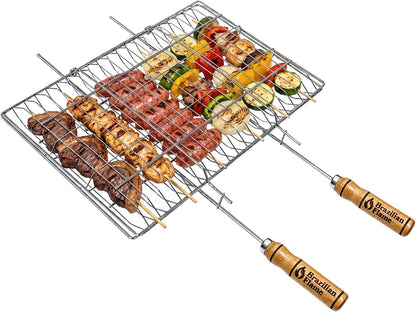 Brazilian Flame Folding BBQ Grill Basket | Chrome-Plated Steel Clamshell Grilling Basket for Vegetables, Meat, Skewers & Kebabs | Two-Sided Locking Design | Fits Gas, Charcoal & Open Fire Grills | Natural Wood Handles