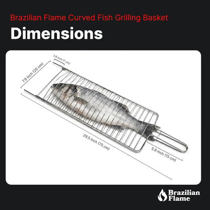 Brazilian Flame Curved Fish Grilling Basket Tray | Single-Handle Whole Fish Grill Basket | Chrome-Plated Steel Wire | Fits Gas, Charcoal, Kettle & Brick BBQ Grills | Easy-Turn Loop Handle