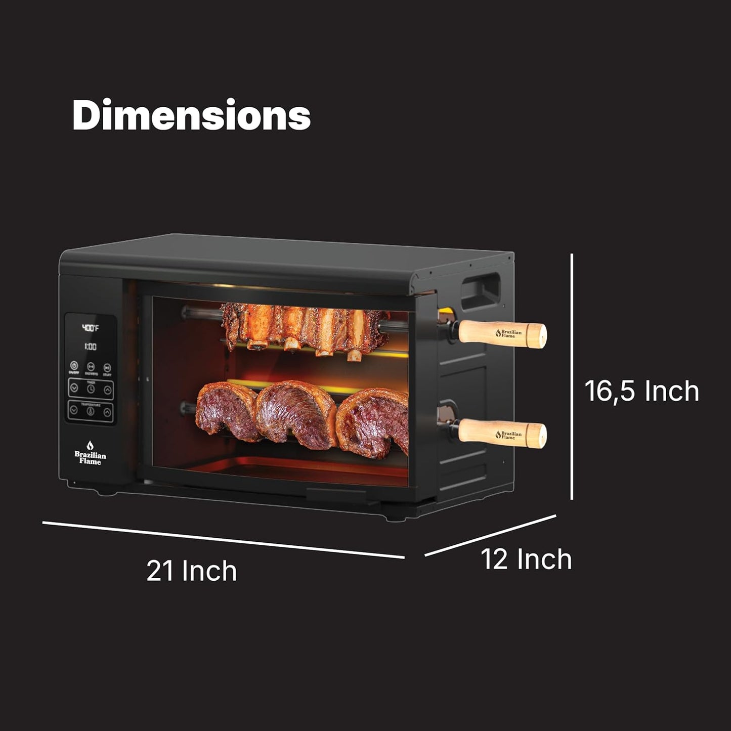 VOLTA Series Rotisserie Oven by Brazilian Flame – Vertical Countertop Electric Roaster Dual Auto-Rotating Skewers, Adjustable Temperature, Digital Display, Capacity for Chicken, Brazilian BBQ (Black)