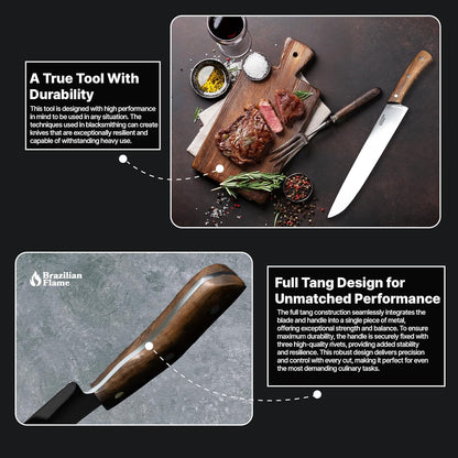 Brazilian Flame Chef Barbecue Full Tang 10” Full Tang STAINLESS STEEL Steakhouse Knife – 420c Blade, Imbuia Wood Handle, Handcrafted Knife for BBQ and Kitchen (Stainless Steel Fine Point)