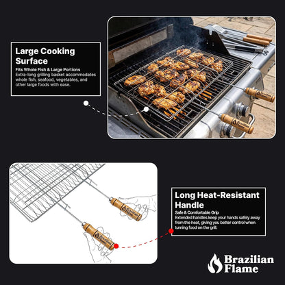 Brazilian Flame Folding BBQ Grill Basket | Chrome-Plated Steel Clamshell Grilling Basket for Vegetables, Meat, Skewers & Kebabs | Two-Sided Locking Design | Fits Gas, Charcoal & Open Fire Grills | Natural Wood Handles