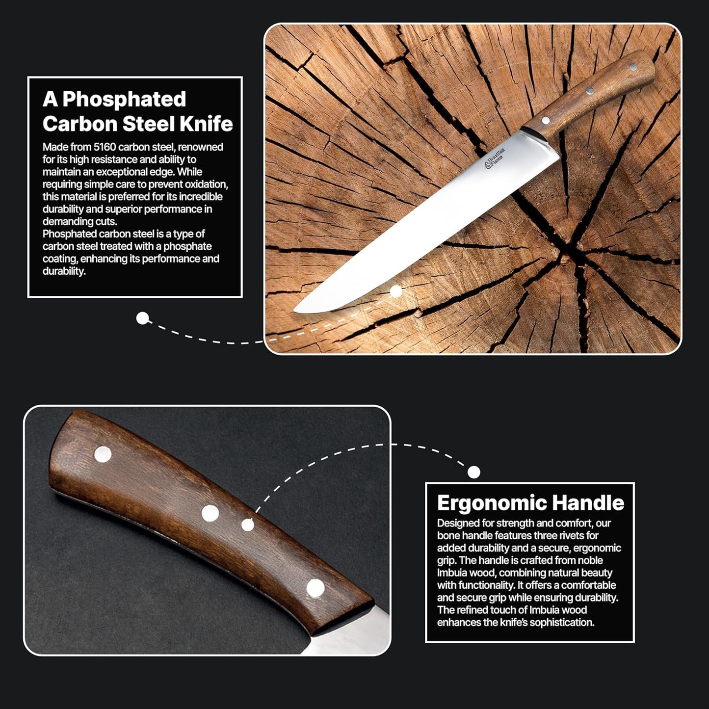 Brazilian Flame Chef Barbecue Full Tang 10” Full Tang STAINLESS STEEL Steakhouse Knife – 420c Blade, Imbuia Wood Handle, Handcrafted Knife for BBQ and Kitchen (Stainless Steel Fine Point)
