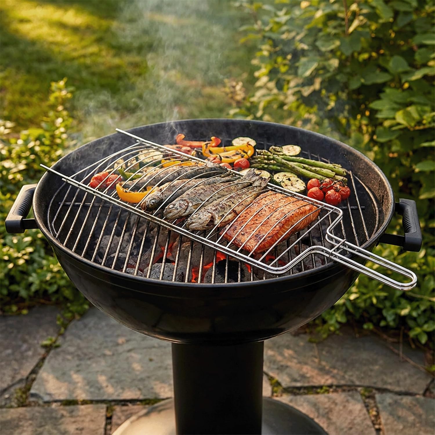 Brazilian Flame Curved Fish Grilling Basket Tray | Single-Handle Whole Fish Grill Basket | Chrome-Plated Steel Wire | Fits Gas, Charcoal, Kettle & Brick BBQ Grills | Easy-Turn Loop Handle