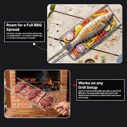 Brazilian Flame Curved Fish Grilling Basket Tray | Single-Handle Whole Fish Grill Basket | Chrome-Plated Steel Wire | Fits Gas, Charcoal, Kettle & Brick BBQ Grills | Easy-Turn Loop Handle
