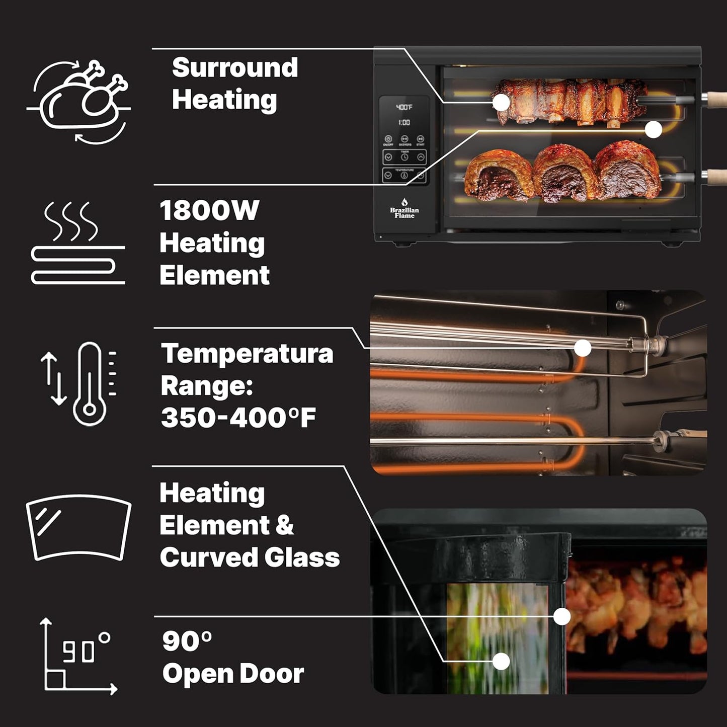 VOLTA Series Rotisserie Oven by Brazilian Flame – Vertical Countertop Electric Roaster Dual Auto-Rotating Skewers, Adjustable Temperature, Digital Display, Capacity for Chicken, Brazilian BBQ (Black)