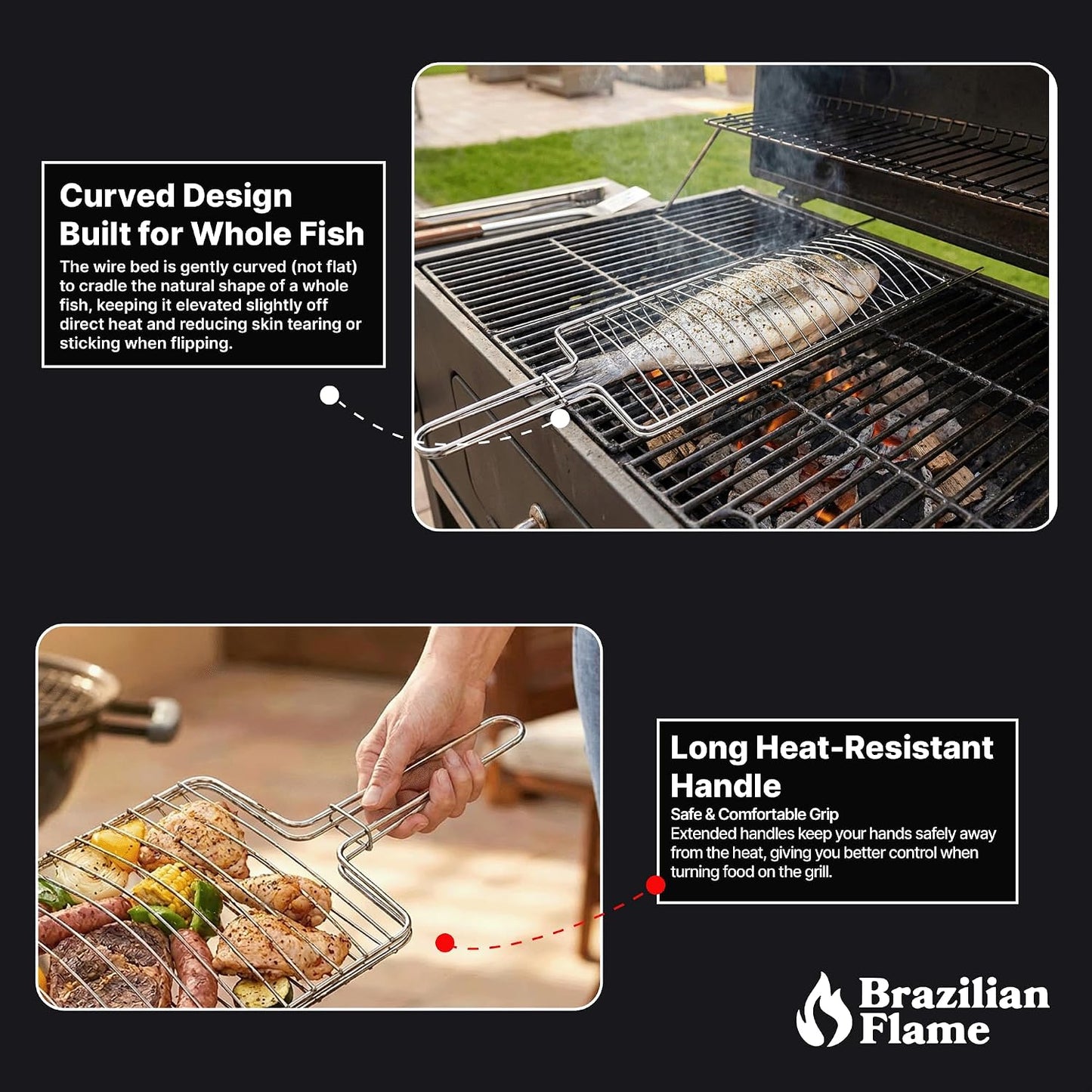 Brazilian Flame Curved Fish Grilling Basket Tray | Single-Handle Whole Fish Grill Basket | Chrome-Plated Steel Wire | Fits Gas, Charcoal, Kettle & Brick BBQ Grills | Easy-Turn Loop Handle