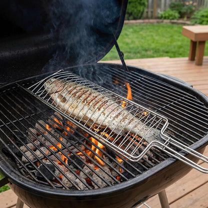 Brazilian Flame Curved Fish Grilling Basket Tray | Single-Handle Whole Fish Grill Basket | Chrome-Plated Steel Wire | Fits Gas, Charcoal, Kettle & Brick BBQ Grills | Easy-Turn Loop Handle