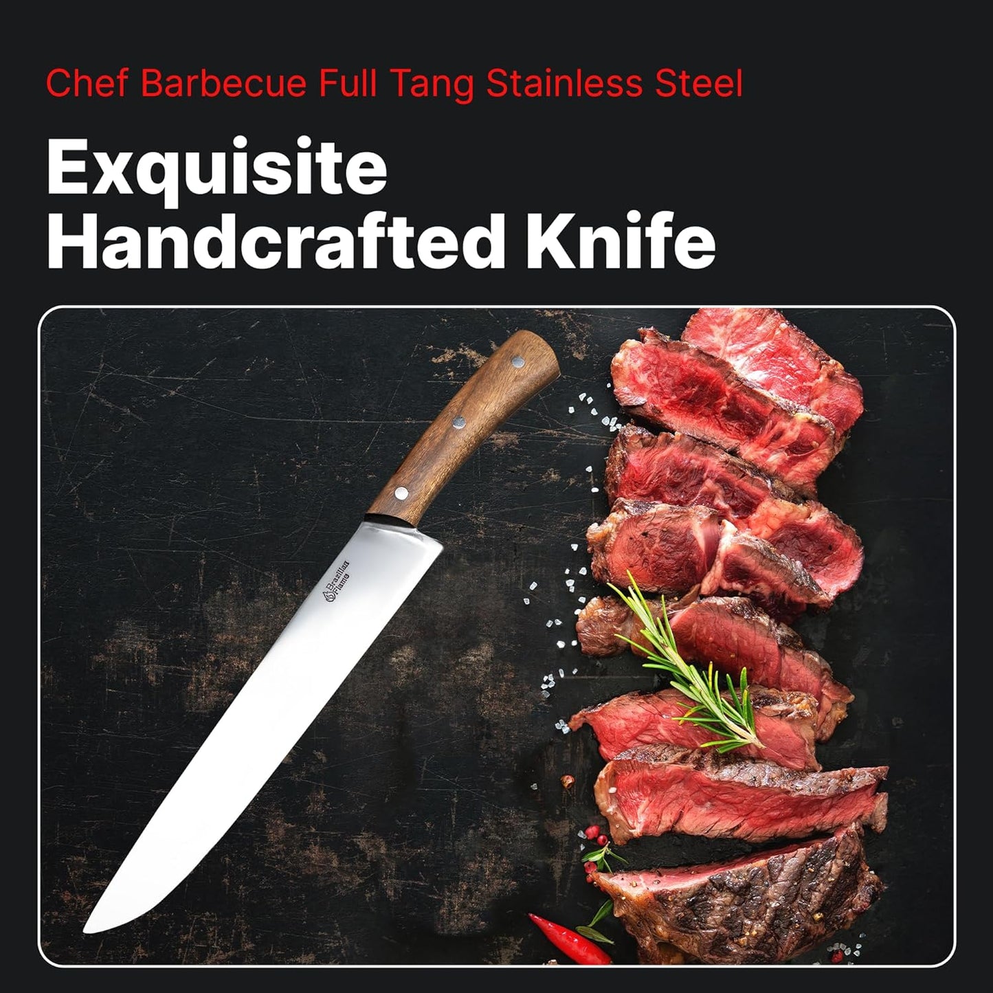 Brazilian Flame Chef Barbecue Full Tang 10” Full Tang STAINLESS STEEL Steakhouse Knife – 420c Blade, Imbuia Wood Handle, Handcrafted Knife for BBQ and Kitchen (Stainless Steel Fine Point)
