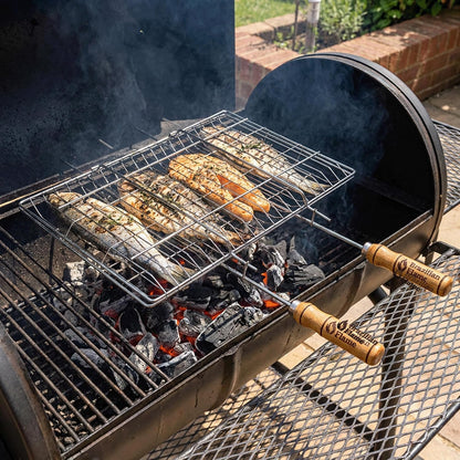 Brazilian Flame Folding BBQ Grill Basket | Chrome-Plated Steel Clamshell Grilling Basket for Vegetables, Meat, Skewers & Kebabs | Two-Sided Locking Design | Fits Gas, Charcoal & Open Fire Grills | Natural Wood Handles
