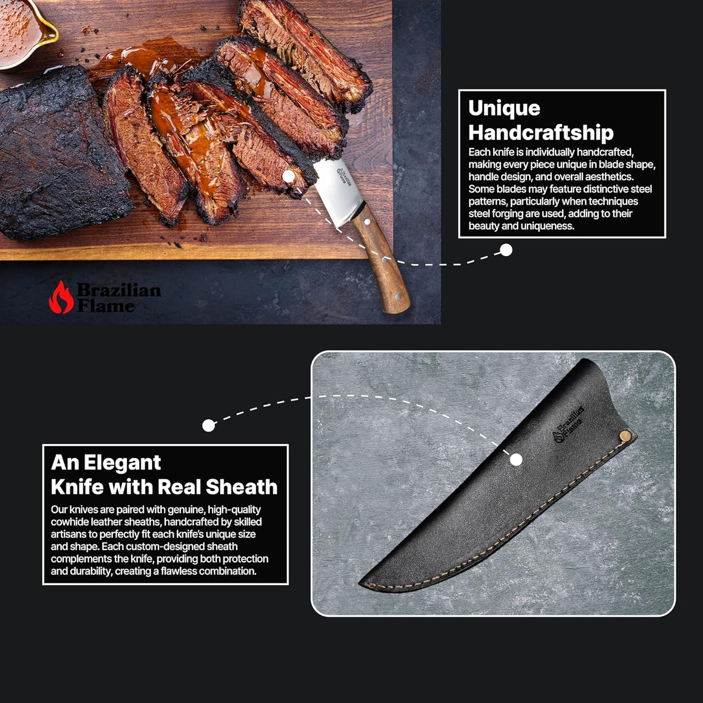 Brazilian Flame Chef Barbecue Full Tang 10” Full Tang STAINLESS STEEL Steakhouse Knife – 420c Blade, Imbuia Wood Handle, Handcrafted Knife for BBQ and Kitchen (Stainless Steel Fine Point)