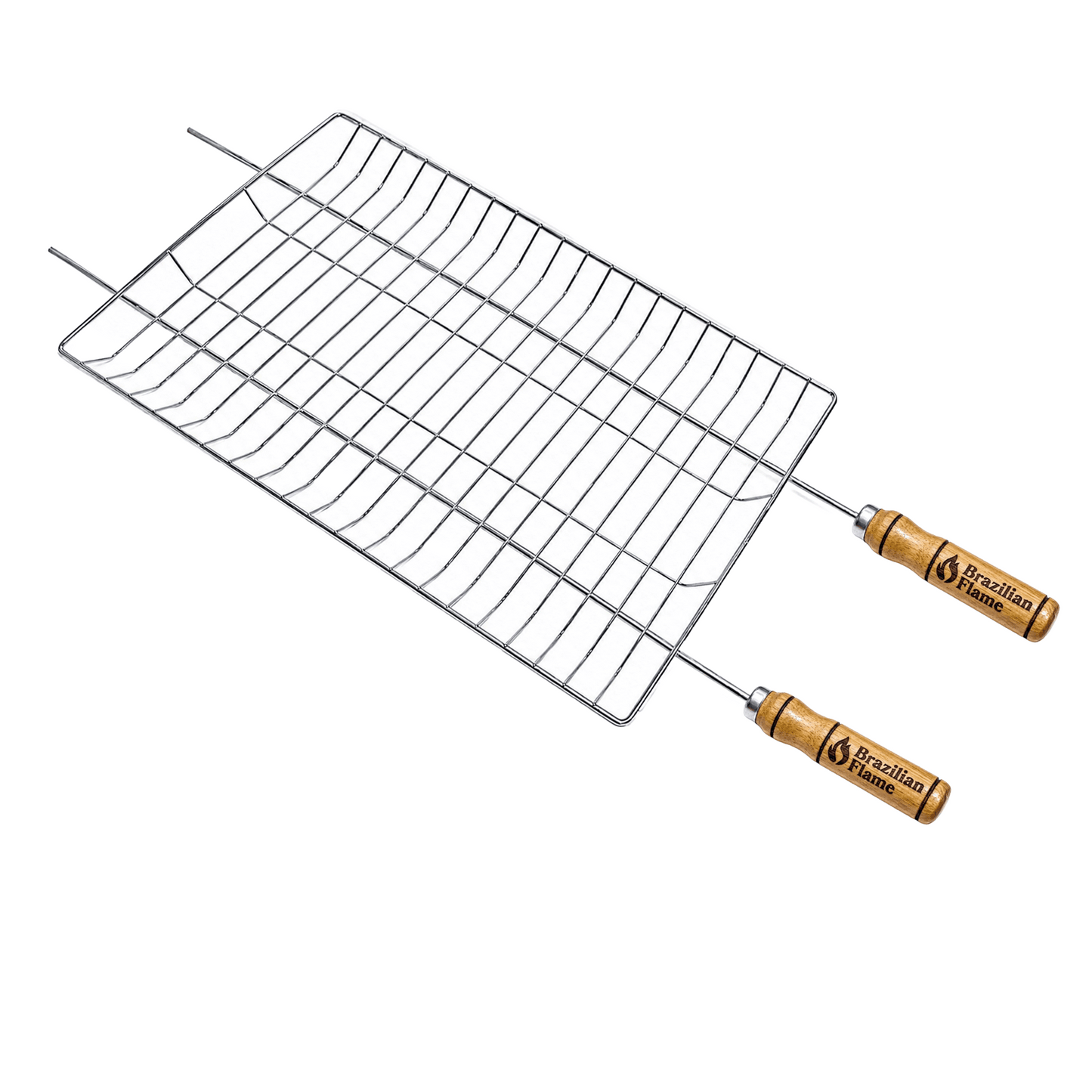 Brazilian Flame Double-Handle BBQ Grilling Topper – Chrome-Plated Open Grill Tray with Wooden Handles