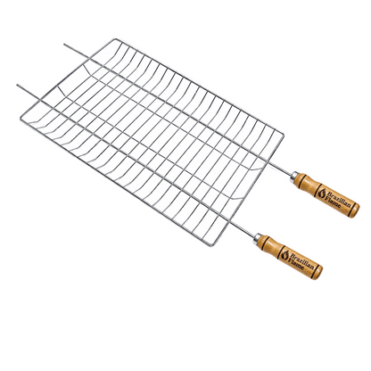 Brazilian Flame Double-Handle BBQ Grilling Topper – Chrome-Plated Open Grill Tray with Wooden Handles