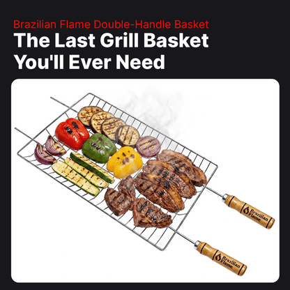Brazilian Flame Double-Handle BBQ Grilling Topper – Chrome-Plated Open Grill Tray with Wooden Handles