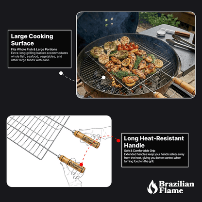 Brazilian Flame Double-Handle BBQ Grilling Topper – Chrome-Plated Open Grill Tray with Wooden Handles