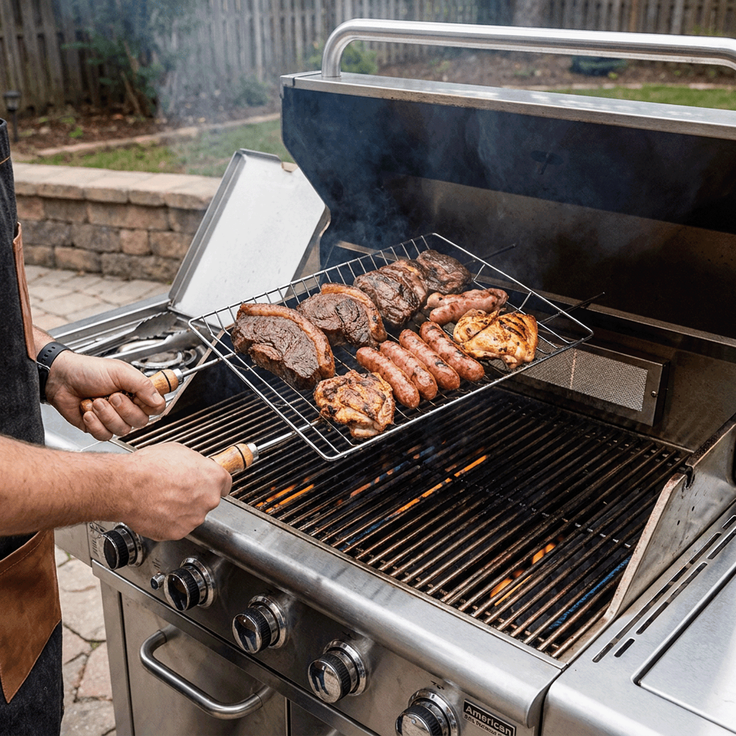 Brazilian Flame Double-Handle BBQ Grilling Topper – Chrome-Plated Open Grill Tray with Wooden Handles