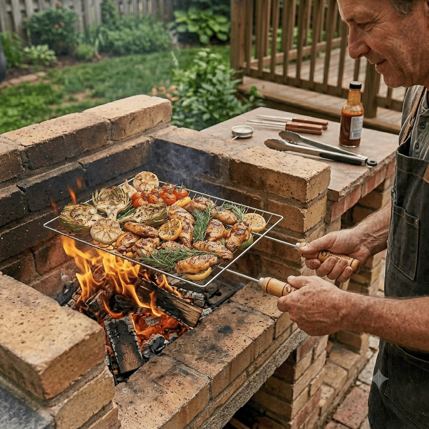 Brazilian Flame Double-Handle BBQ Grilling Topper – Chrome-Plated Open Grill Tray with Wooden Handles