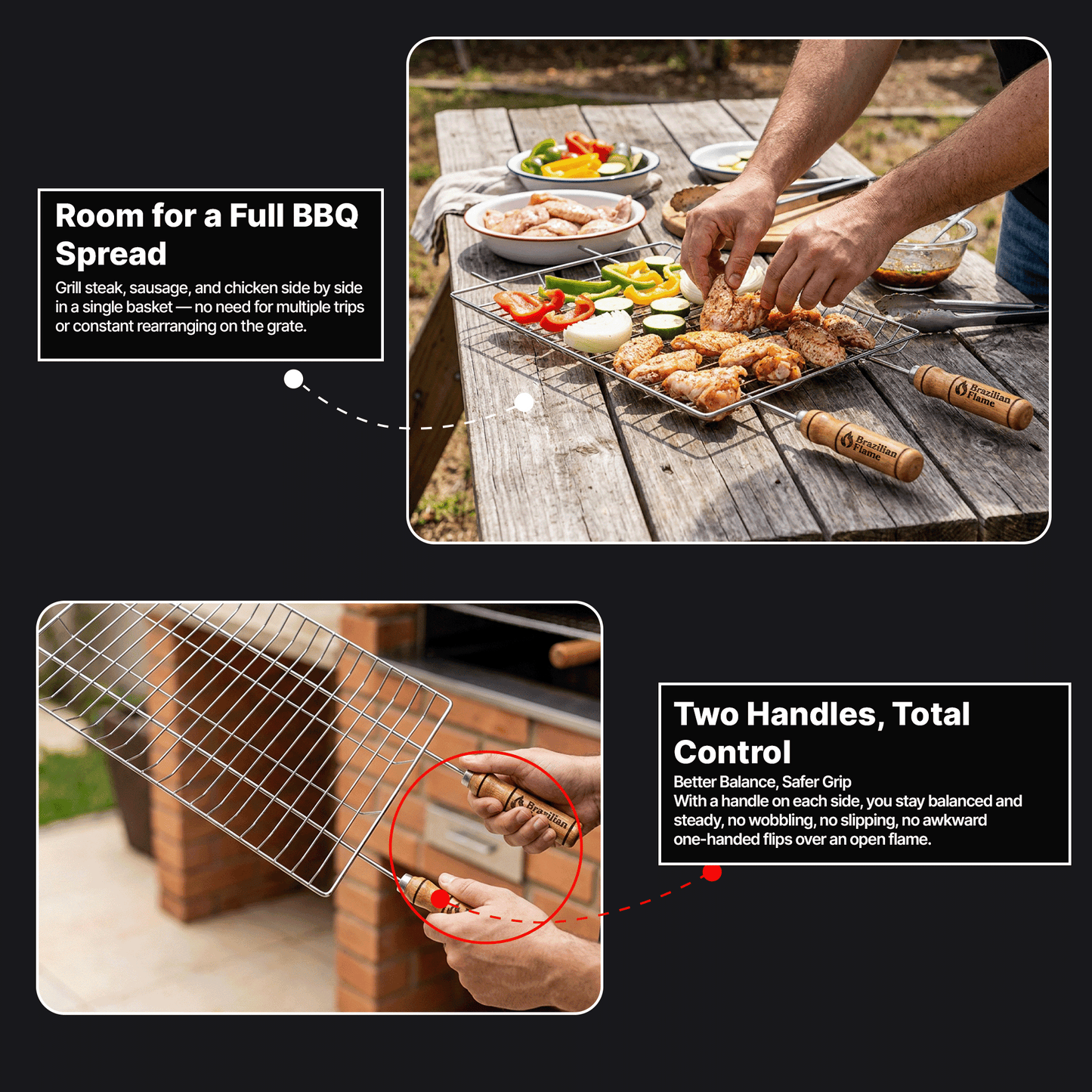 Brazilian Flame Double-Handle BBQ Grilling Topper – Chrome-Plated Open Grill Tray with Wooden Handles