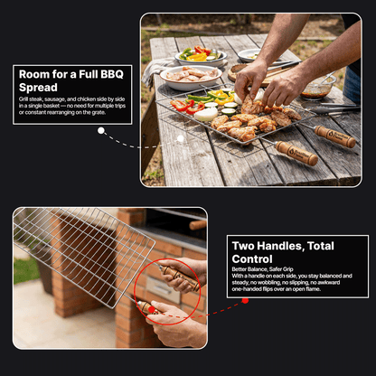 Brazilian Flame Double-Handle BBQ Grilling Topper – Chrome-Plated Open Grill Tray with Wooden Handles
