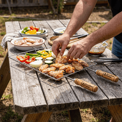 Brazilian Flame Double-Handle BBQ Grilling Topper – Chrome-Plated Open Grill Tray with Wooden Handles