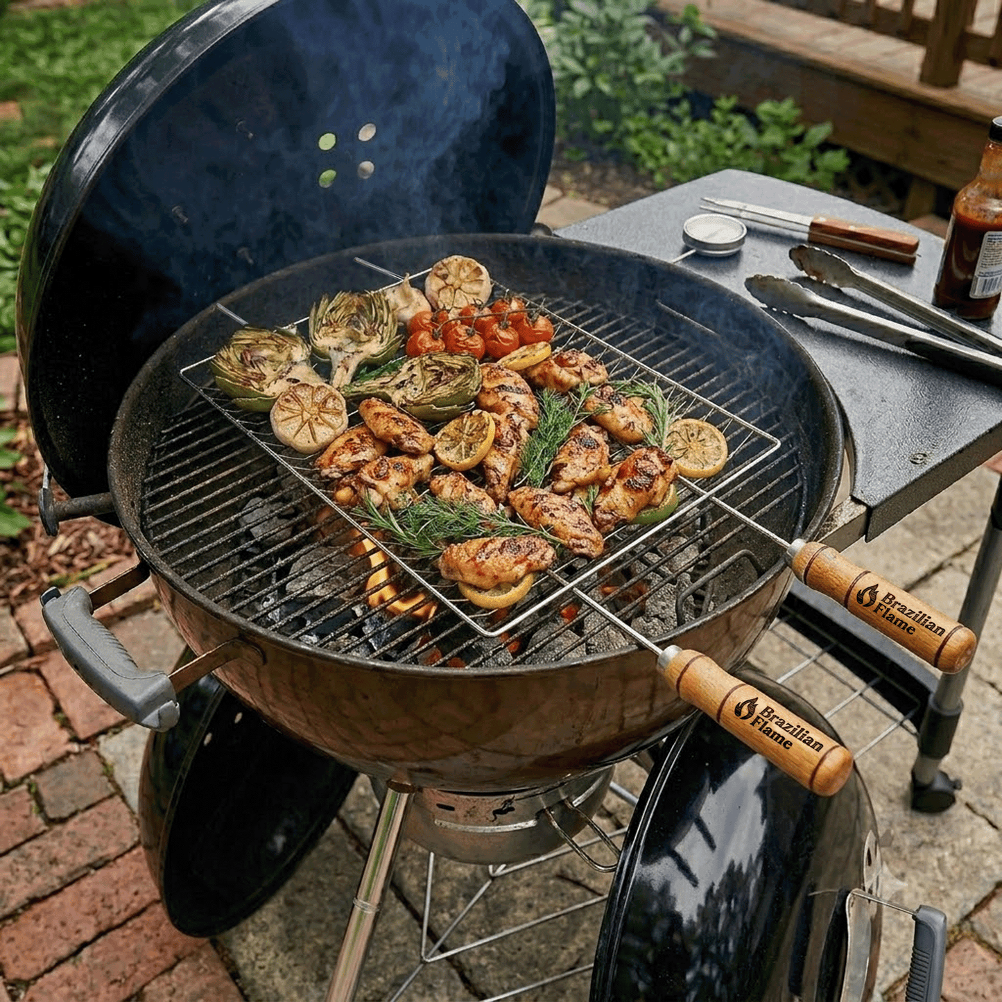 Brazilian Flame Double-Handle BBQ Grilling Topper – Chrome-Plated Open Grill Tray with Wooden Handles