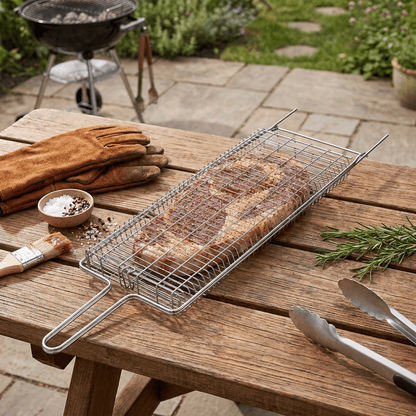 Brazilian Flame Chrome-Plated Steel Grill Basket — Non-Stick Fish & Steak Grilling Cage with Long Handle, Folding Double-Sided BBQ Basket for Whole Fish, Fillets & Meats | For Charcoal, Gas & Open Fire